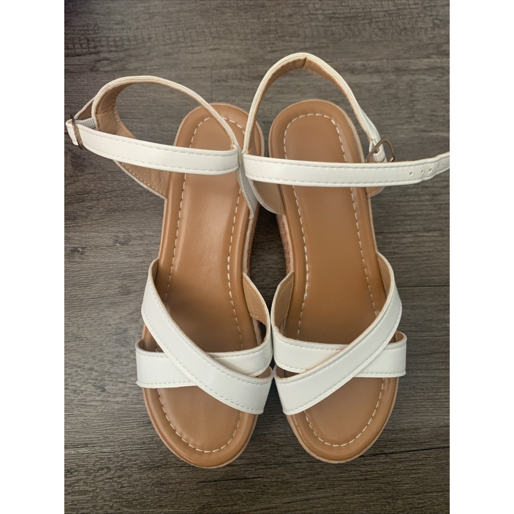 Women’s White Strappy Wedge Sandals Faux Leather Ankle Strap Buckle Size38 USA 7